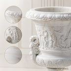 Monumental White Marble Mythological Urn Planters with Pedestals