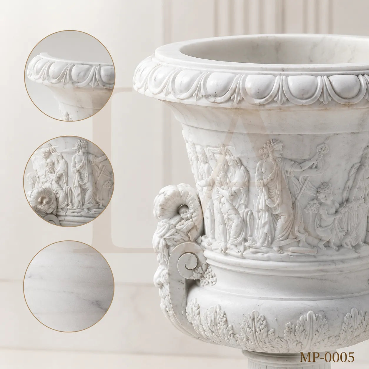 Monumental White Marble Mythological Urn Planters with Pedestals