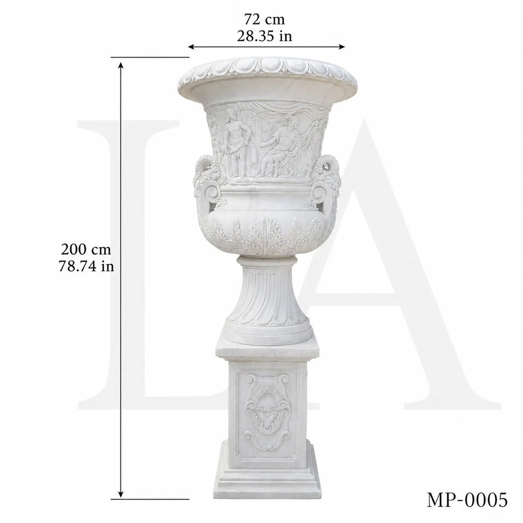 Monumental White Marble Mythological Urn Planters with Pedestals