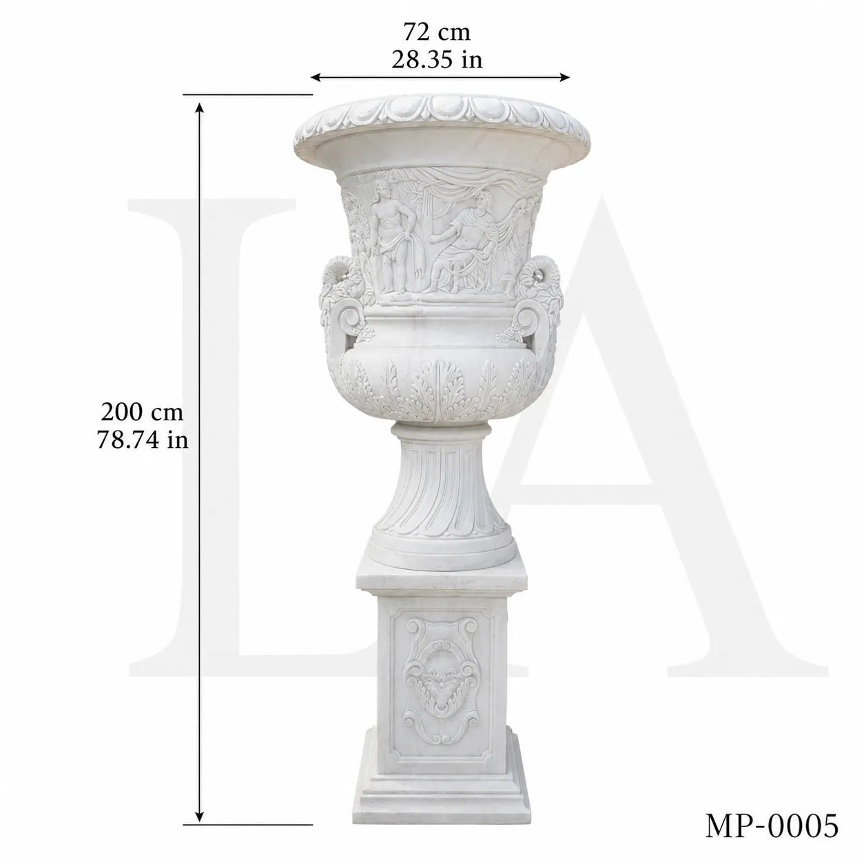 Monumental White Marble Mythological Urn Planters with Pedestals