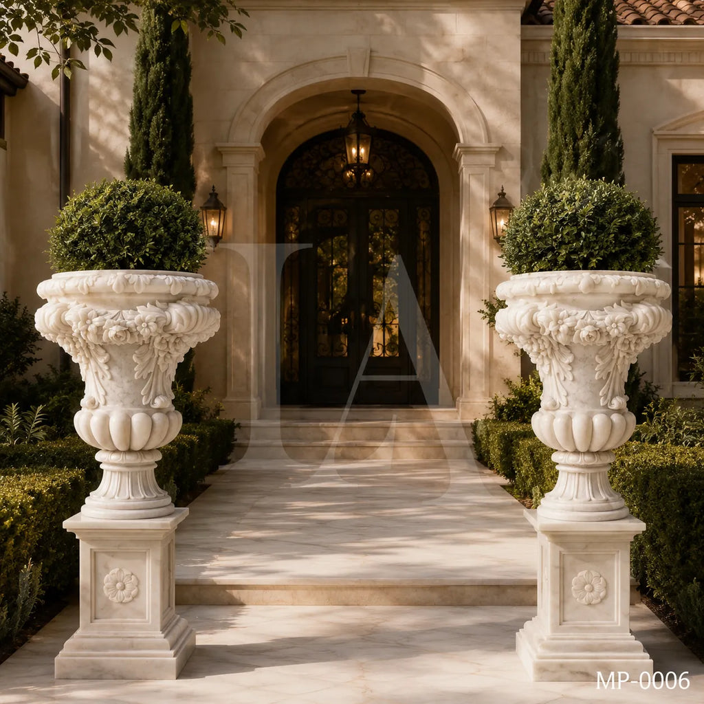 Grand White Marble Garden Urn Planters with Floral Garland Pedestals