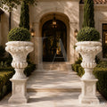 Grand White Marble Garden Urn Planters with Floral Garland Pedestals