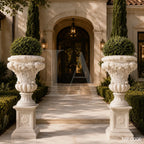 Grand White Marble Garden Urn Planters with Floral Garland Pedestals