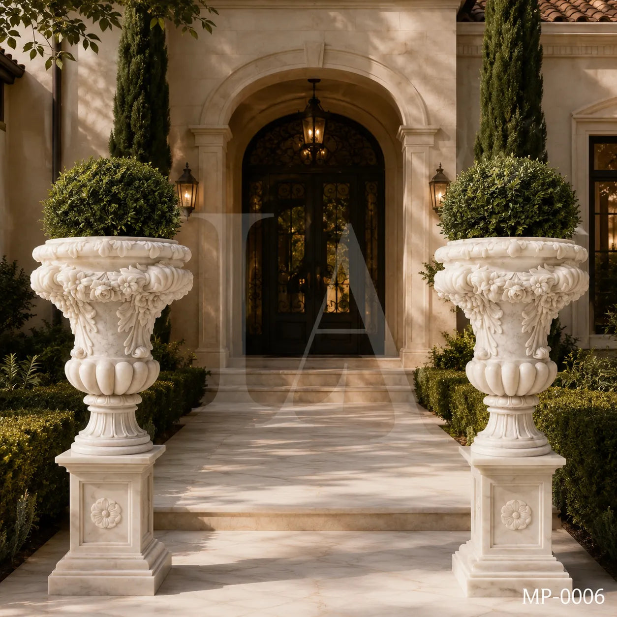 Grand White Marble Garden Urn Planters with Floral Garland Pedestals