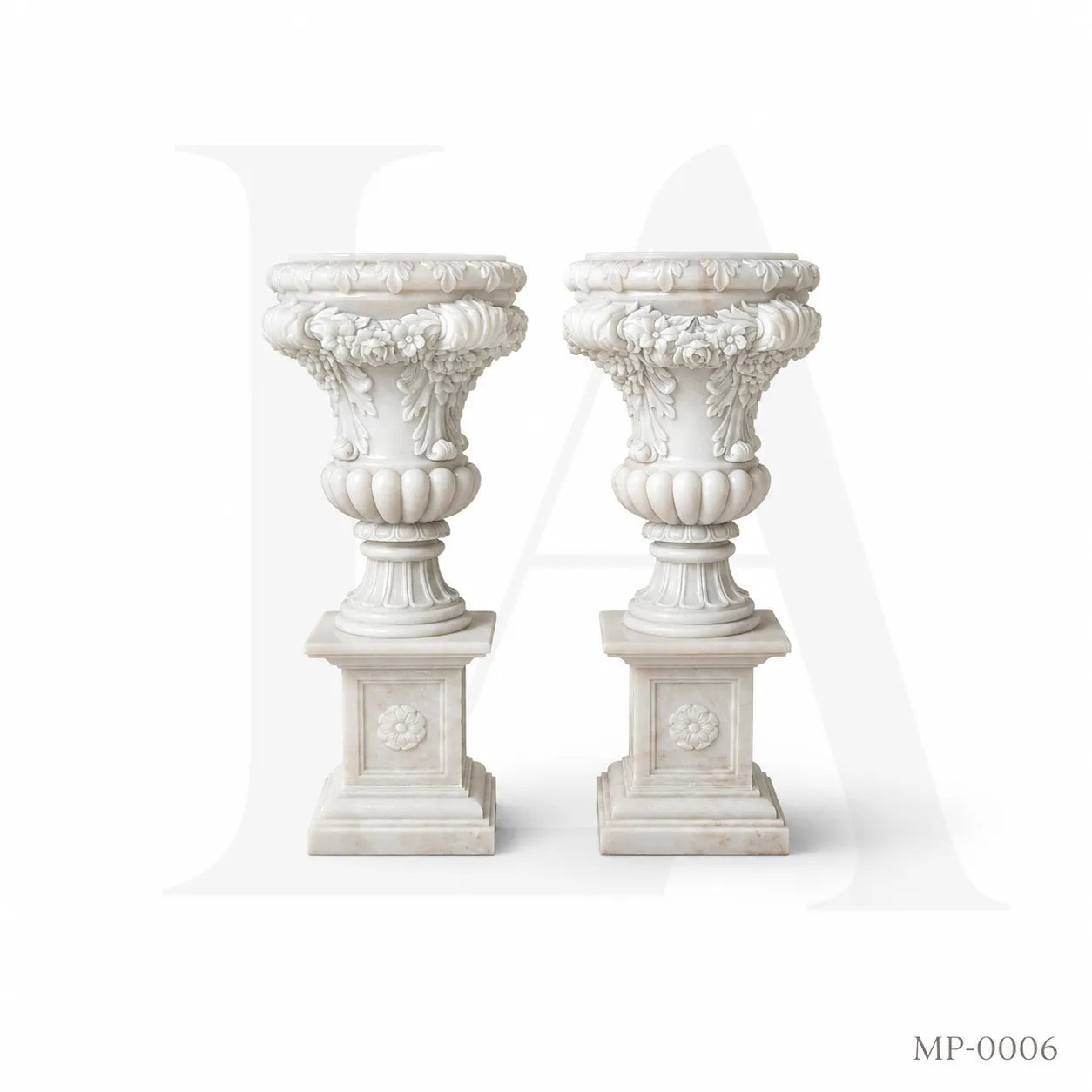 Grand White Marble Garden Urn Planters with Floral Garland Pedestals