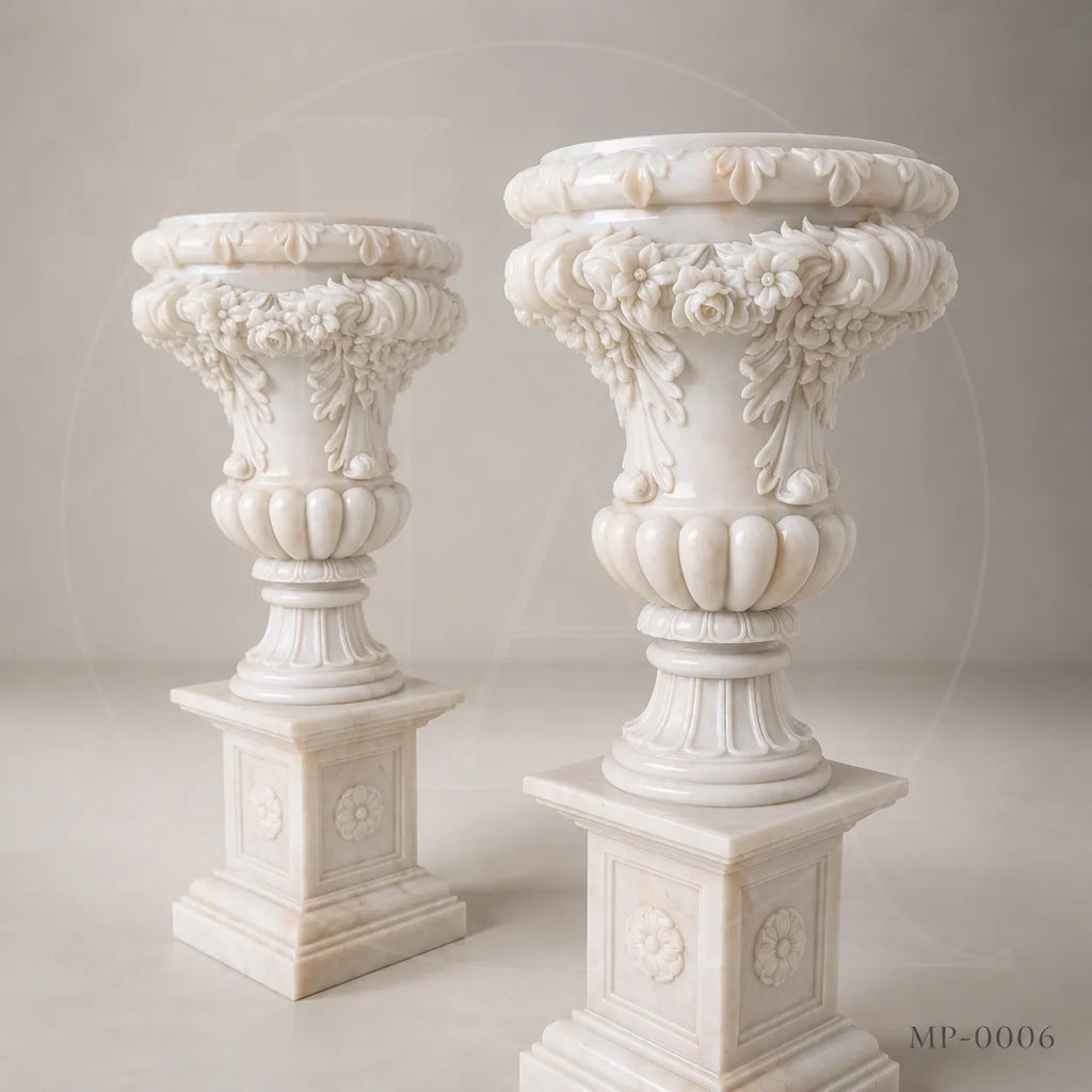 Grand White Marble Garden Urn Planters with Floral Garland Pedestals