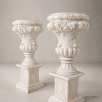 Grand White Marble Garden Urn Planters with Floral Garland Pedestals