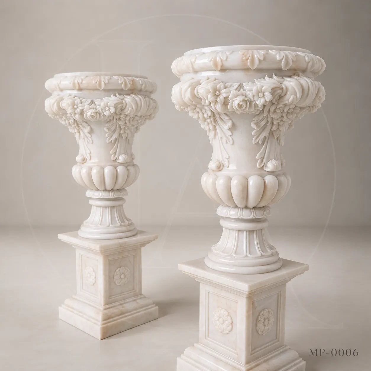Grand White Marble Garden Urn Planters with Floral Garland Pedestals