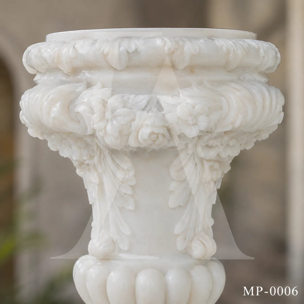 Grand White Marble Garden Urn Planters with Floral Garland Pedestals
