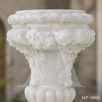 Grand White Marble Garden Urn Planters with Floral Garland Pedestals