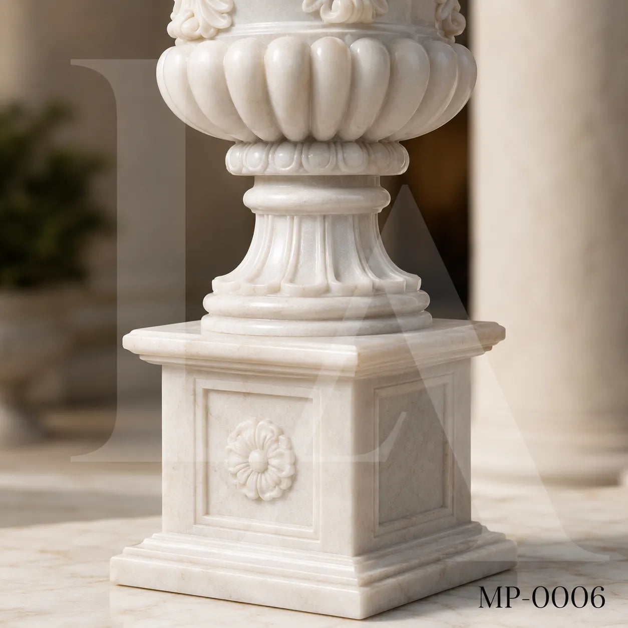 Grand White Marble Garden Urn Planters with Floral Garland Pedestals
