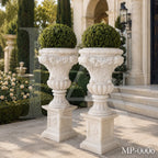 Grand White Marble Garden Urn Planters with Floral Garland Pedestals