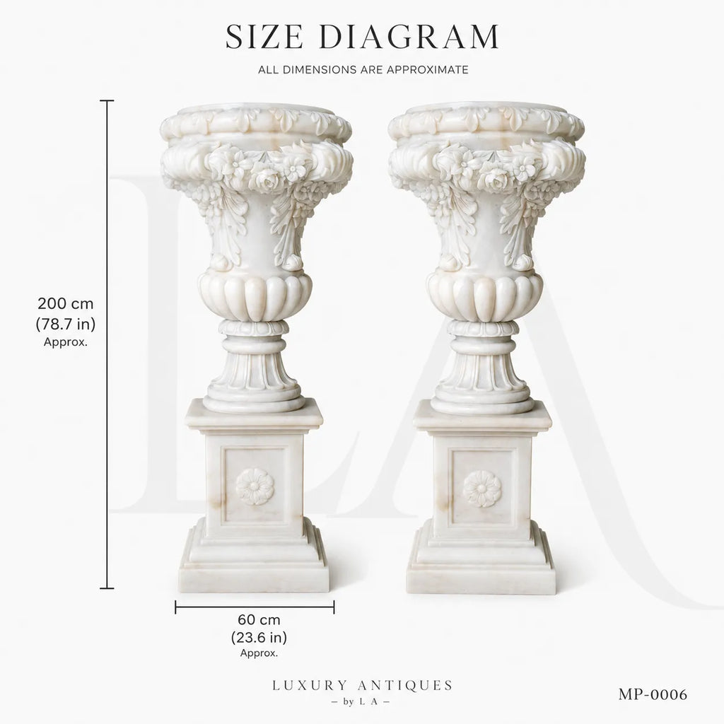 Grand White Marble Garden Urn Planters with Floral Garland Pedestals