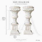 Grand White Marble Garden Urn Planters with Floral Garland Pedestals