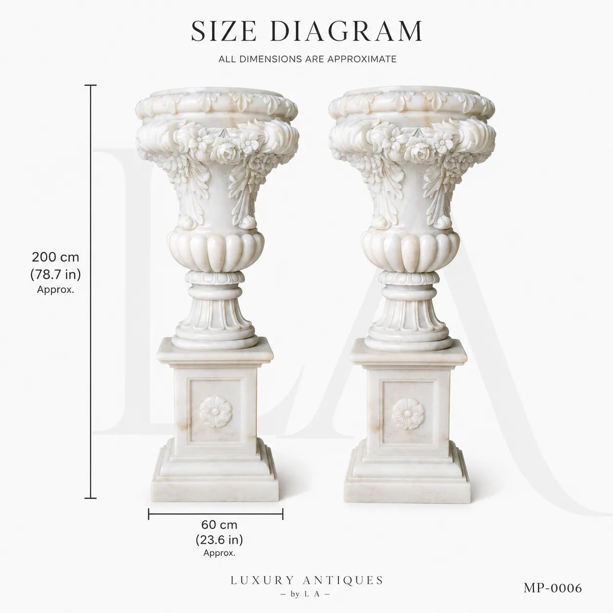 Grand White Marble Garden Urn Planters with Floral Garland Pedestals