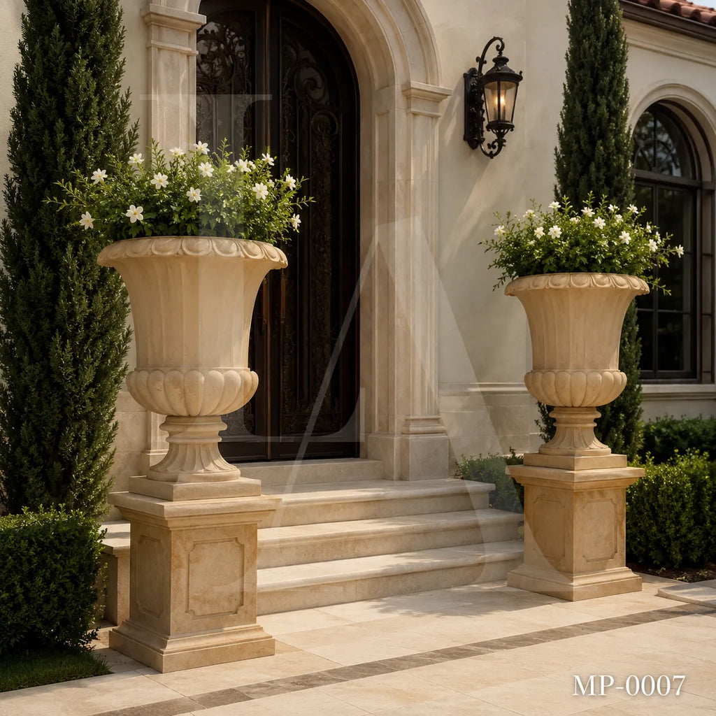 Classic Egypt Beige Marble Garden Urn Planters with Pedestals