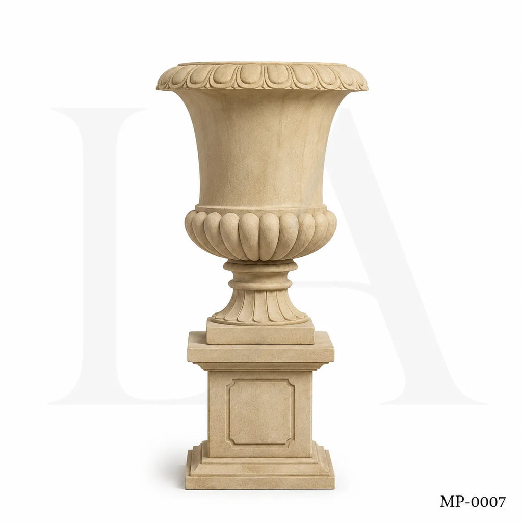 Classic Egypt Beige Marble Garden Urn Planters with Pedestals