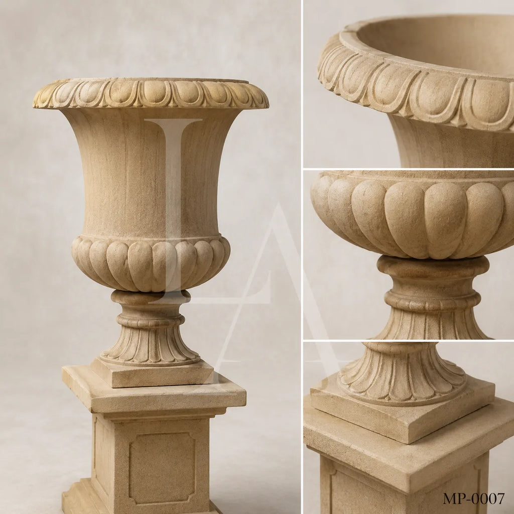 Classic Egypt Beige Marble Garden Urn Planters with Pedestals