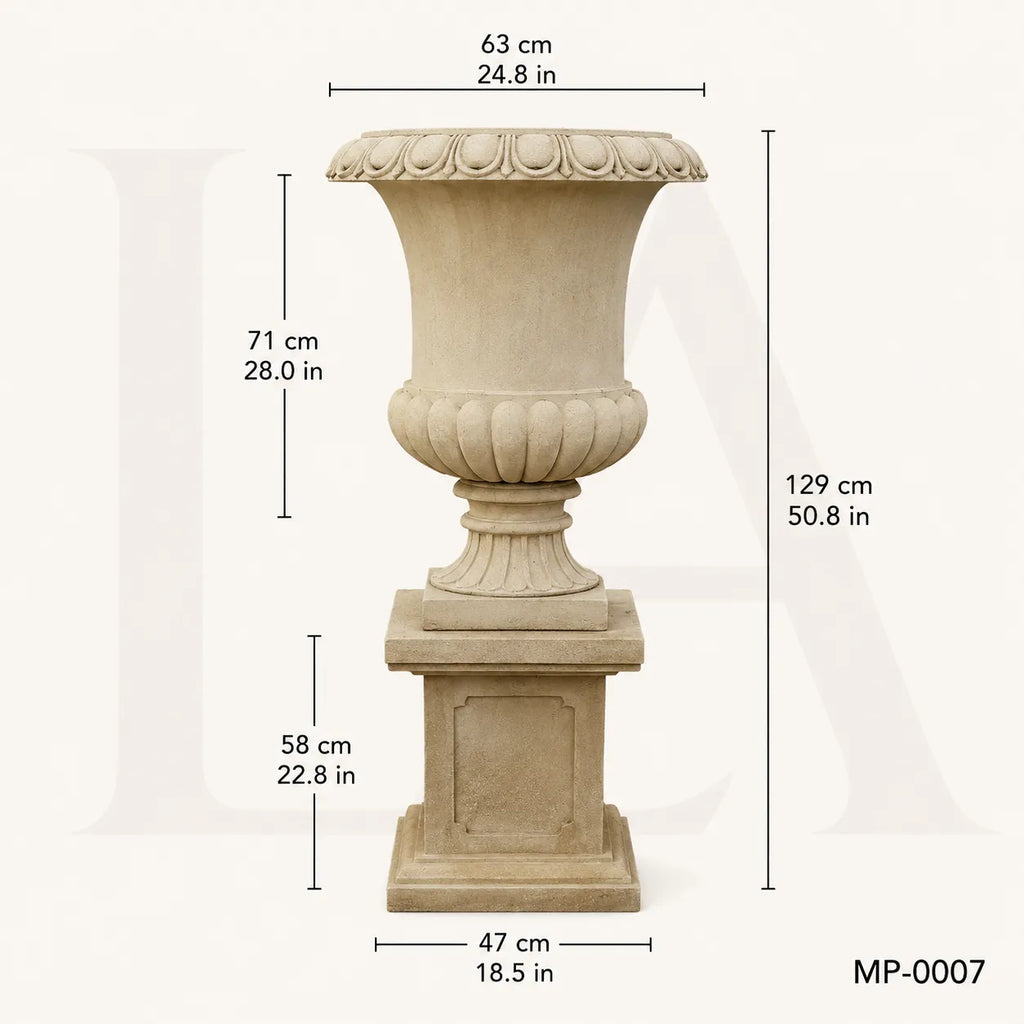 Classic Egypt Beige Marble Garden Urn Planters with Pedestals