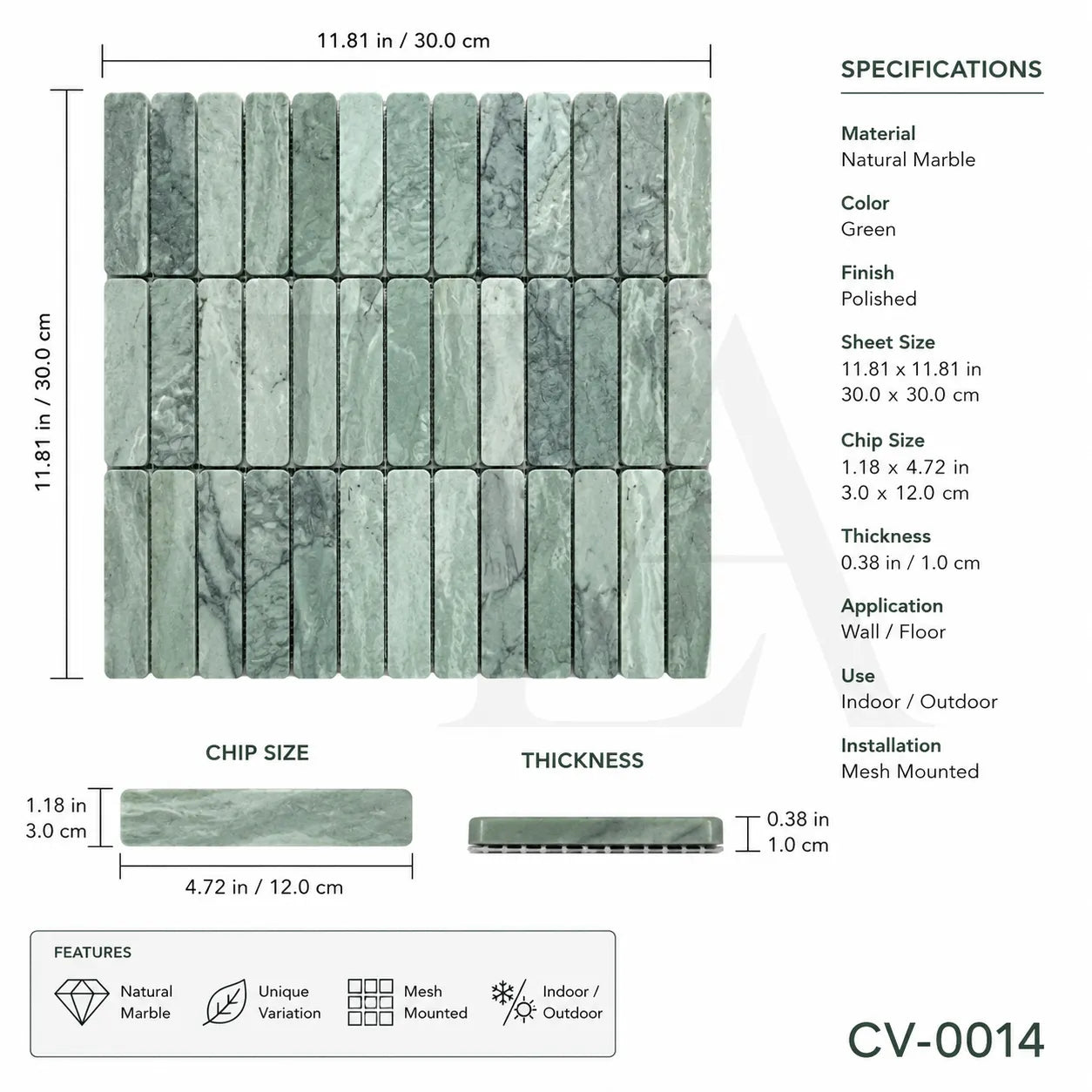 Green Marble Linear Mosaic Tile for Luxury Bathrooms & Feature Walls