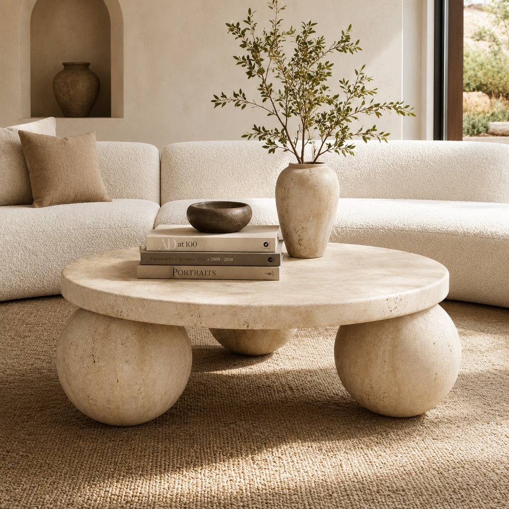 Round Travertine Coffee Table with Sphere Base