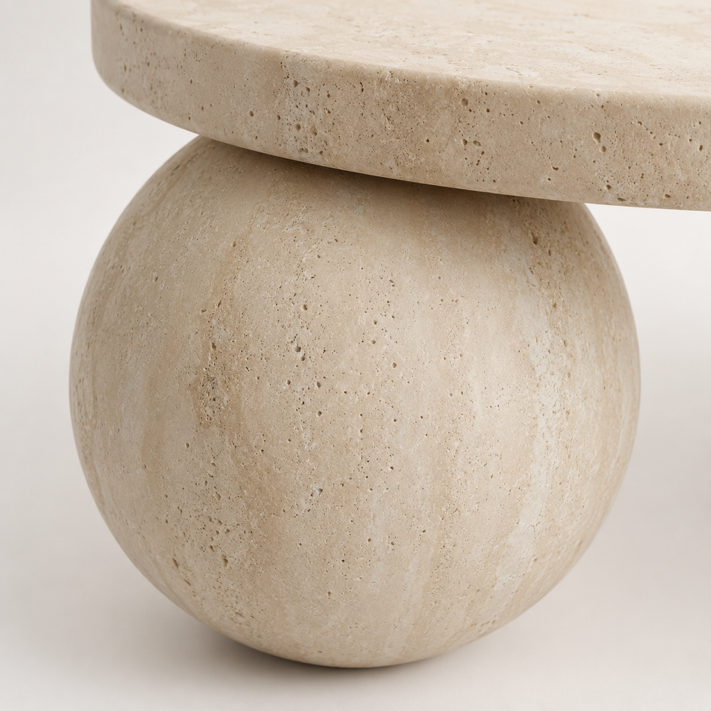 Round Travertine Coffee Table with Sphere Base