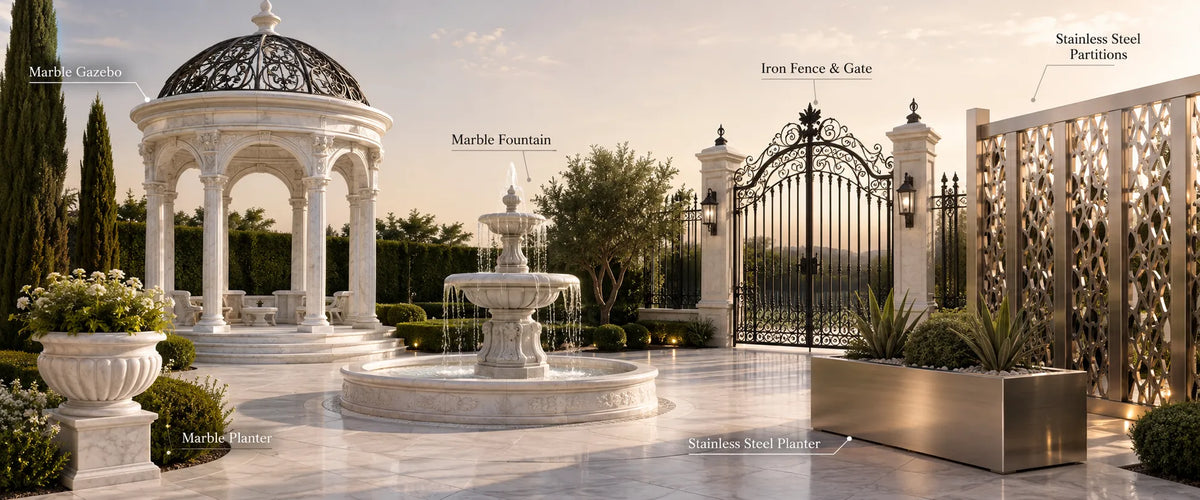 Custom marble gazebo, fountain, planters, wrought iron gate and stainless steel screens for luxury landscape projects