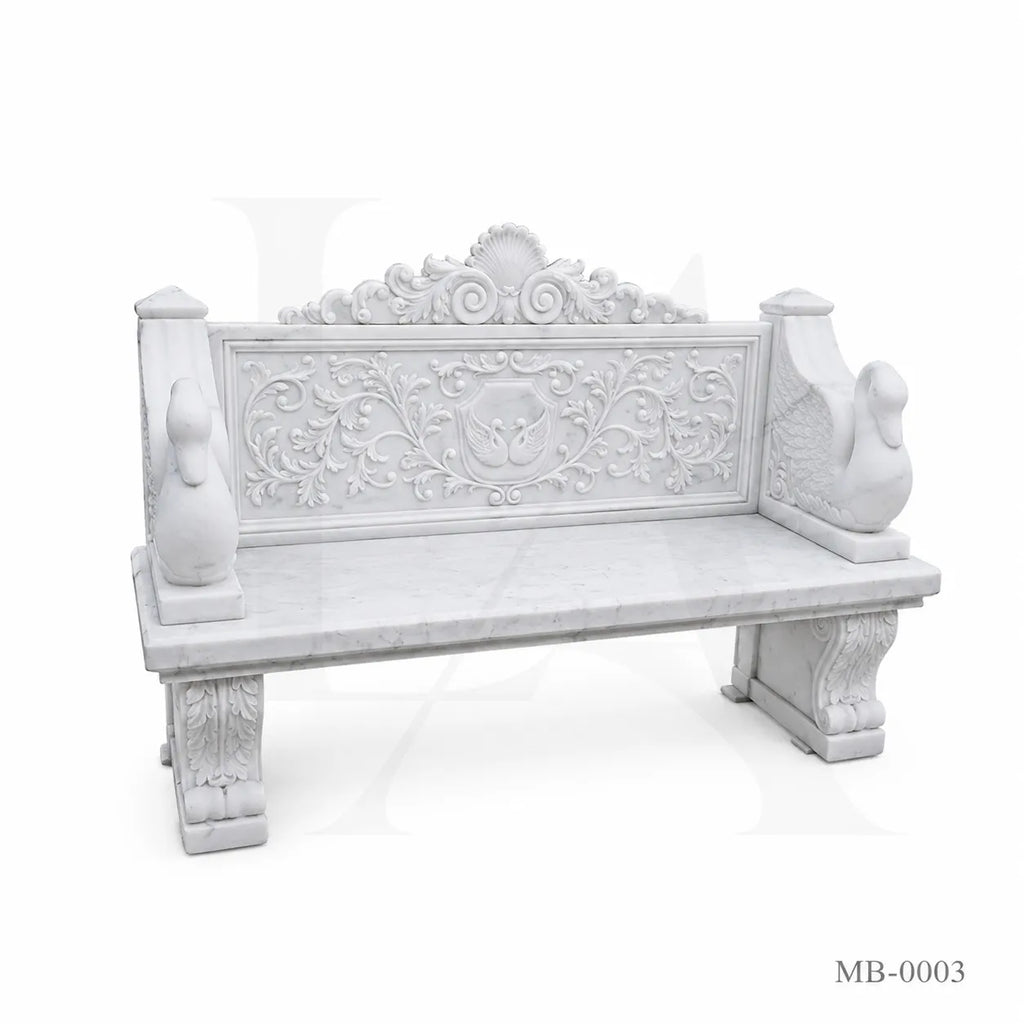 Luxury White Marble Swan Garden Bench | Classical Hand-Carved Outdoor Stone Bench