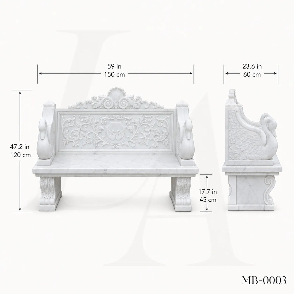 Luxury White Marble Swan Garden Bench | Classical Hand-Carved Outdoor Stone Bench
