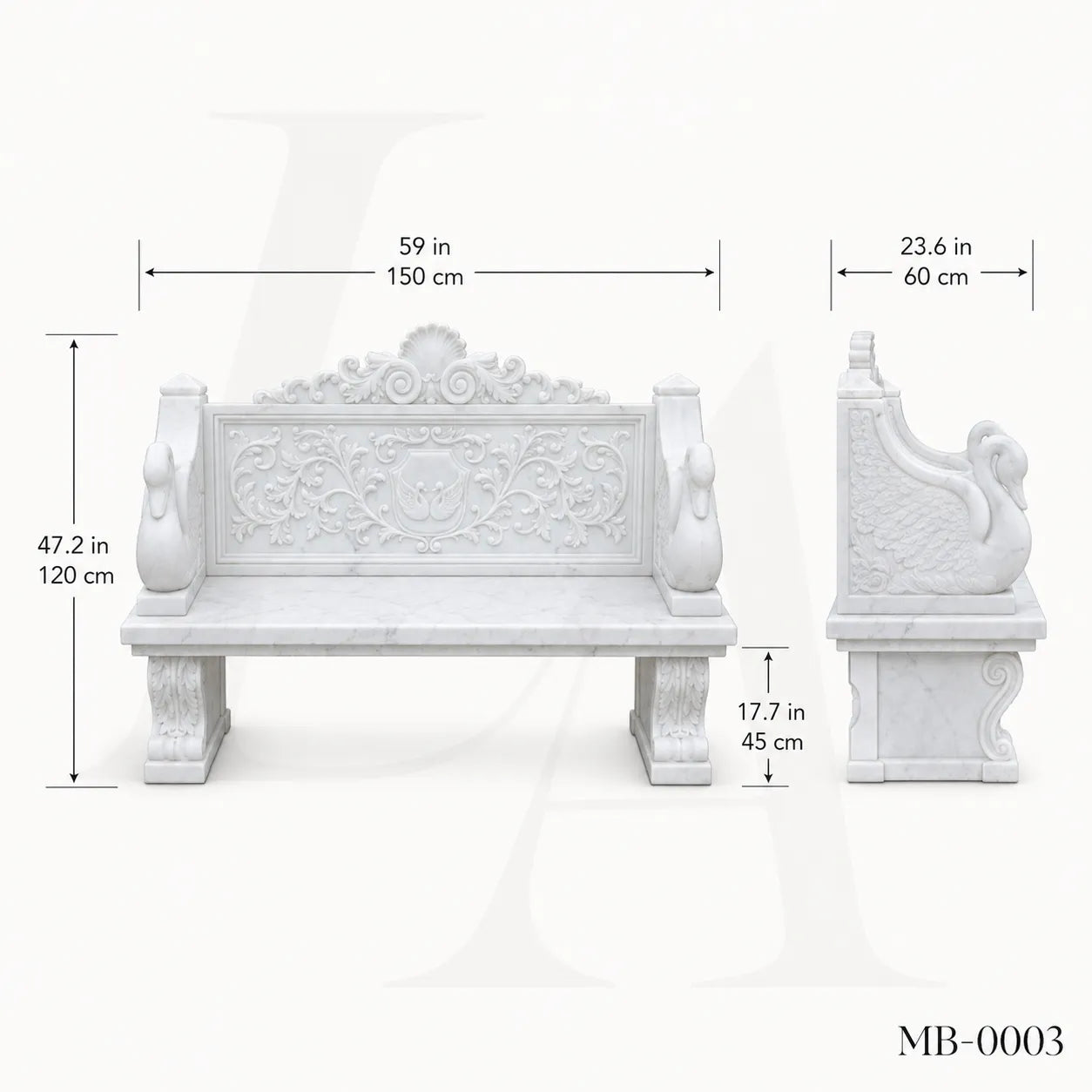 Luxury White Marble Swan Garden Bench | Classical Hand-Carved Outdoor Stone Bench