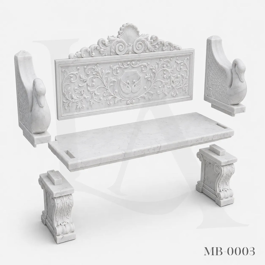 Luxury White Marble Swan Garden Bench | Classical Hand-Carved Outdoor Stone Bench