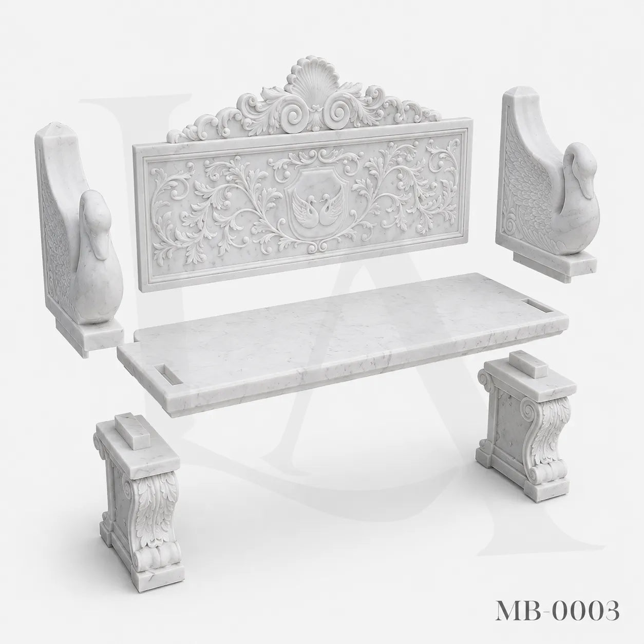 Luxury White Marble Swan Garden Bench | Classical Hand-Carved Outdoor Stone Bench