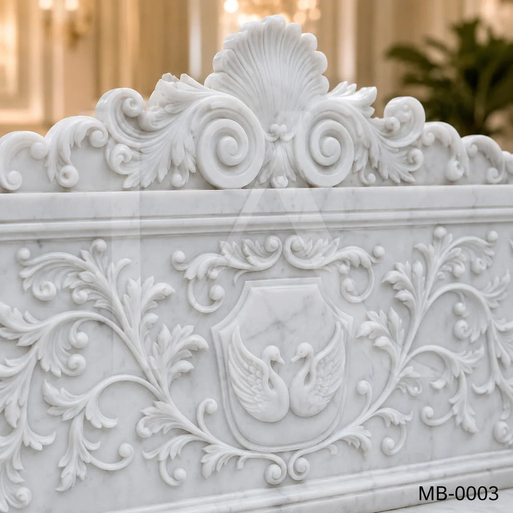 Luxury White Marble Swan Garden Bench | Classical Hand-Carved Outdoor Stone Bench