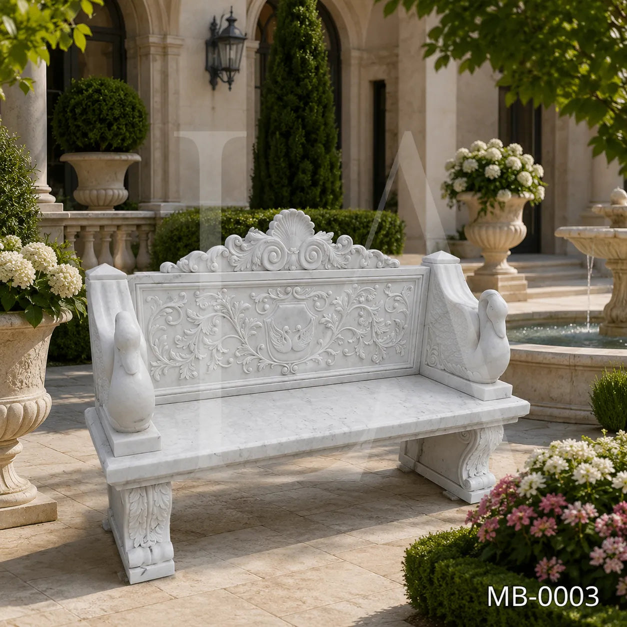 Luxury White Marble Swan Garden Bench | Classical Hand-Carved Outdoor Stone Bench