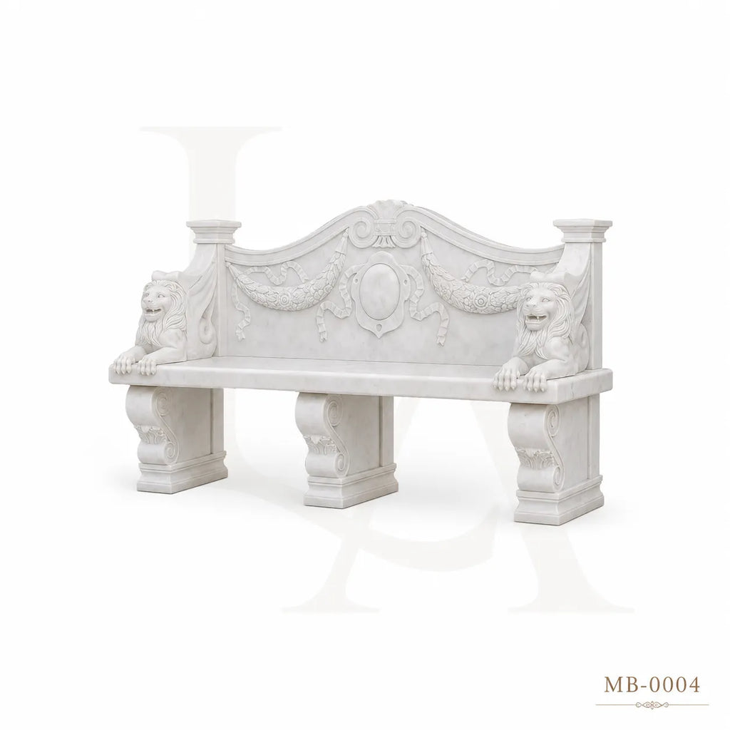 Luxury White Marble Lion Garden Bench | Hand-Carved Classical Outdoor Stone Bench