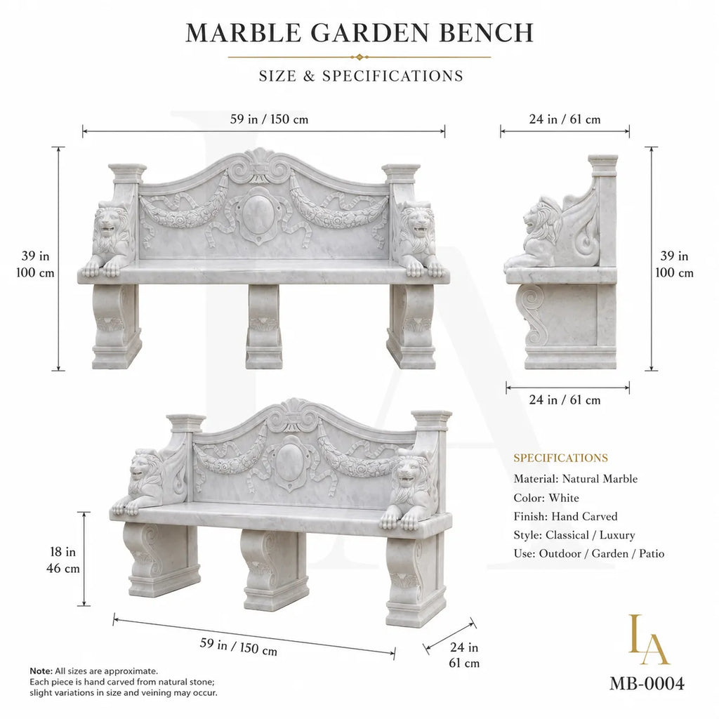 Luxury White Marble Lion Garden Bench | Hand-Carved Classical Outdoor Stone Bench