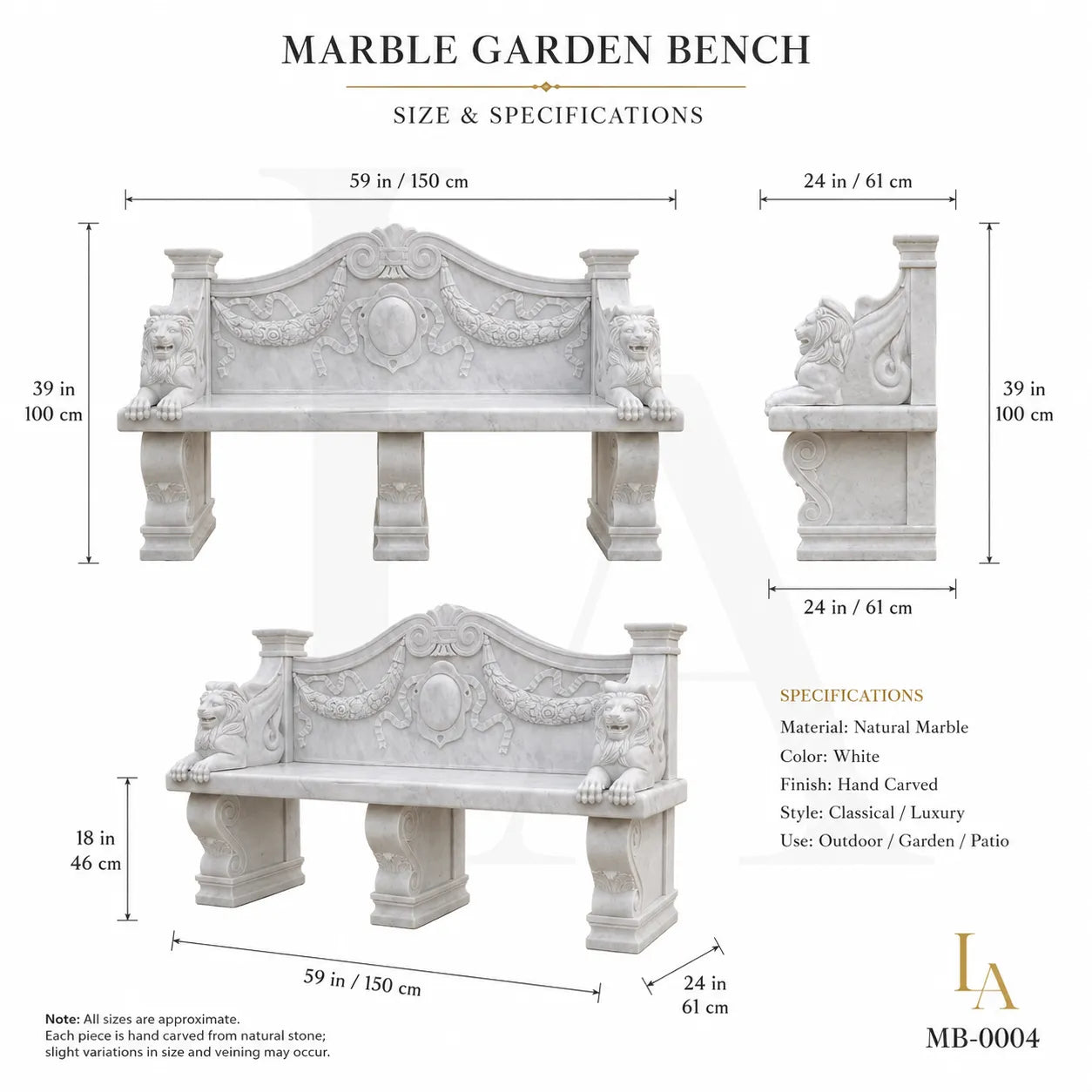 Luxury White Marble Lion Garden Bench | Hand-Carved Classical Outdoor Stone Bench