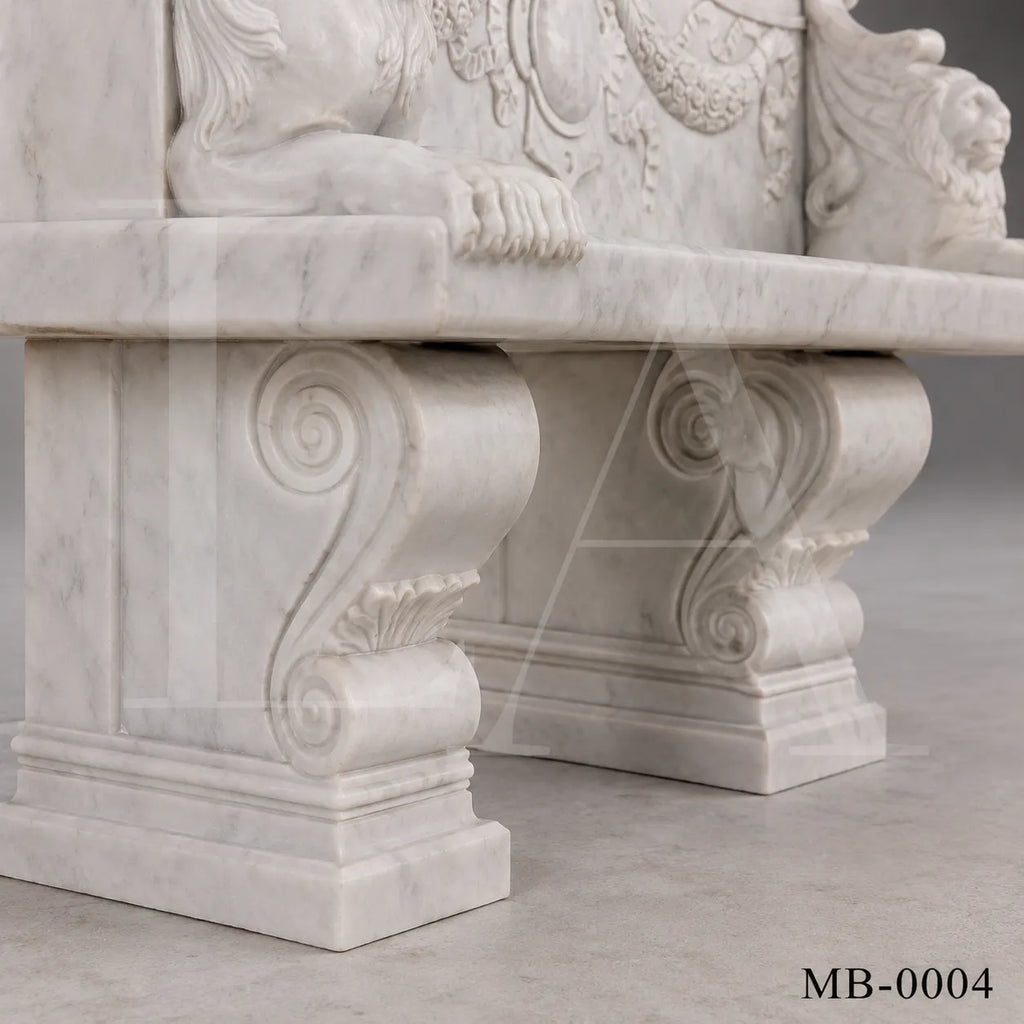 Luxury White Marble Lion Garden Bench | Hand-Carved Classical Outdoor Stone Bench