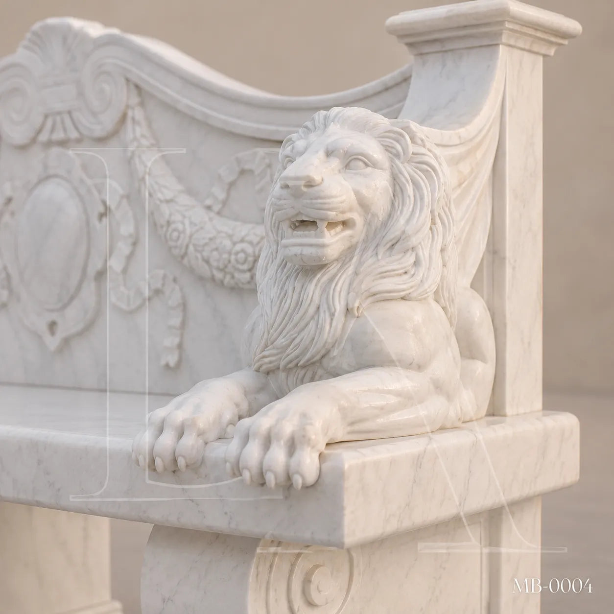 Luxury White Marble Lion Garden Bench | Hand-Carved Classical Outdoor Stone Bench