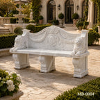 Luxury White Marble Lion Garden Bench | Hand-Carved Classical Outdoor Stone Bench