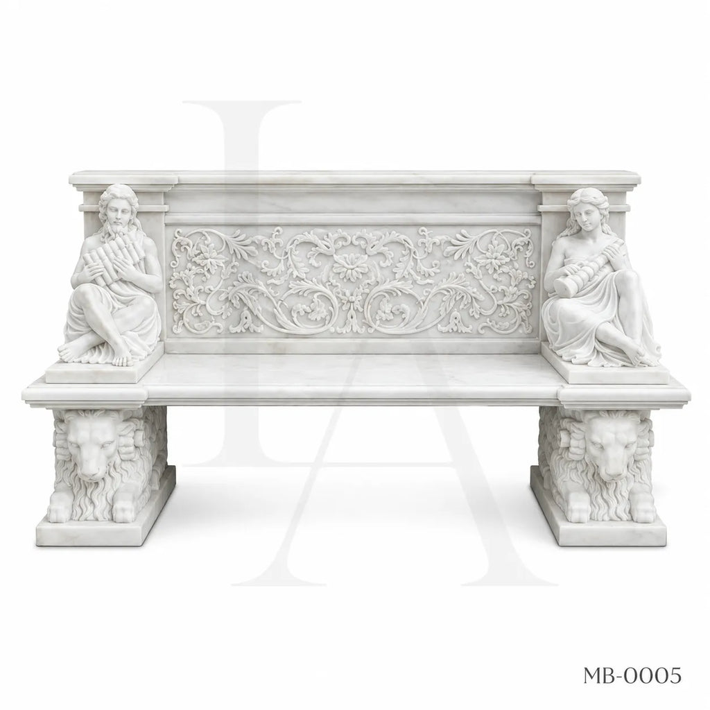 Luxury White Marble Musician Garden Bench | Hand-Carved Classical Stone Bench