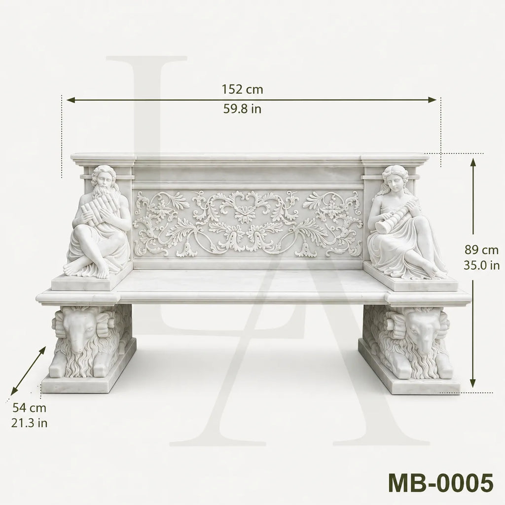Luxury White Marble Musician Garden Bench | Hand-Carved Classical Stone Bench