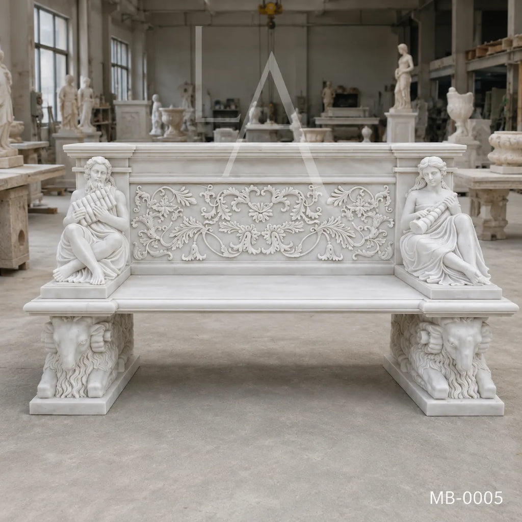 Luxury White Marble Musician Garden Bench | Hand-Carved Classical Stone Bench