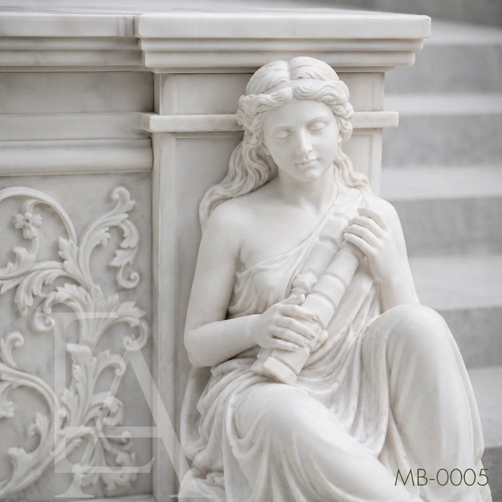 Luxury White Marble Musician Garden Bench | Hand-Carved Classical Stone Bench