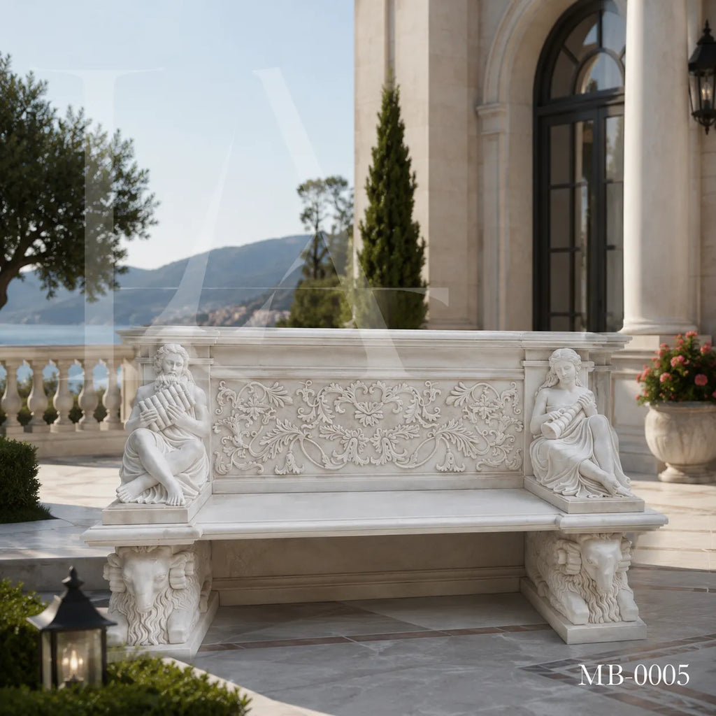 Luxury White Marble Musician Garden Bench | Hand-Carved Classical Stone Bench