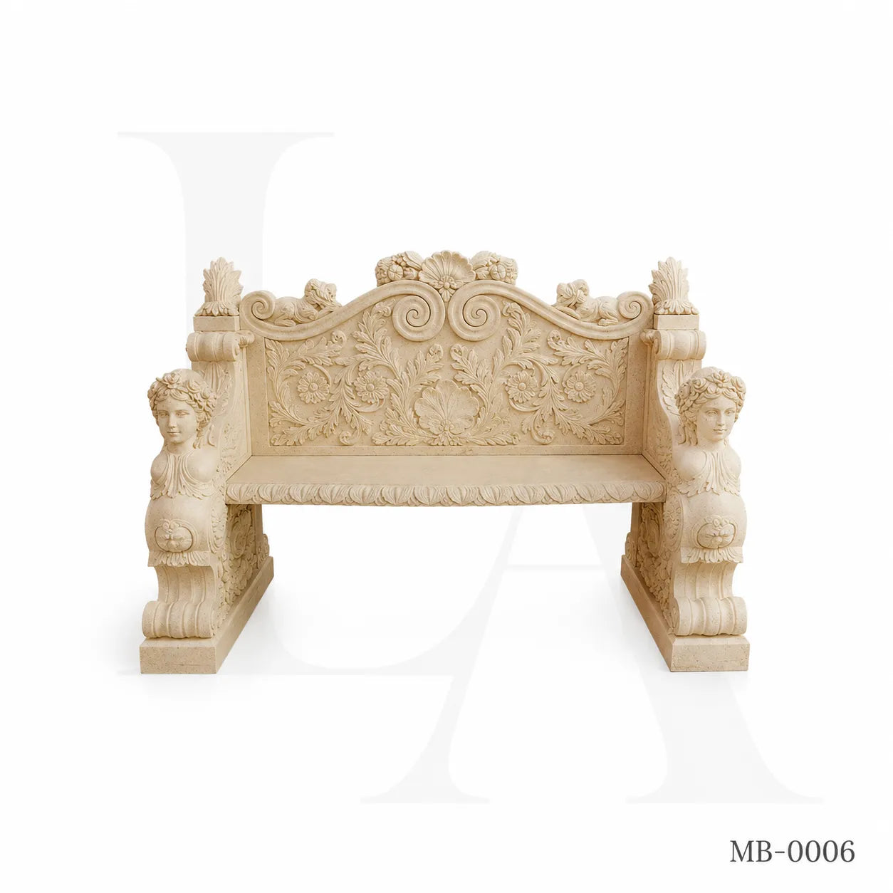 Luxury Beige Marble Cherub Garden Bench | Hand-Carved European Stone Bench