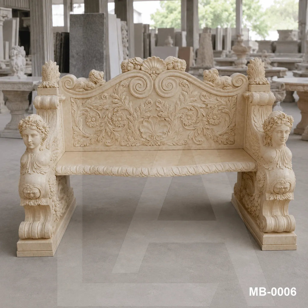 Luxury Beige Marble Cherub Garden Bench | Hand-Carved European Stone Bench