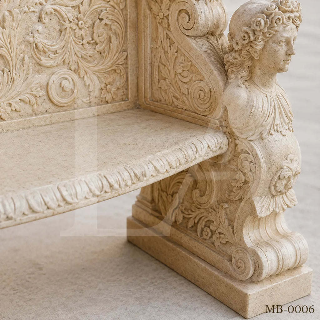 Luxury Beige Marble Cherub Garden Bench | Hand-Carved European Stone Bench