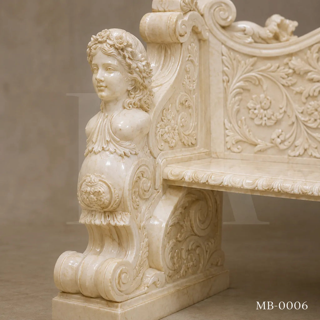 Luxury Beige Marble Cherub Garden Bench | Hand-Carved European Stone Bench