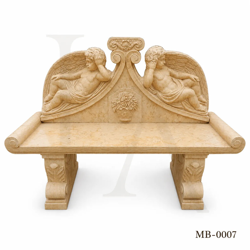 Luxury Beige Marble Cherub Garden Bench | Hand-Carved European Stone Bench